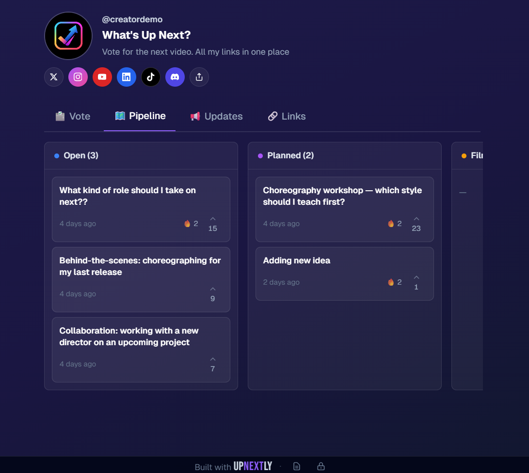 Pipeline tab — organize ideas in Open, Planned, and Done columns