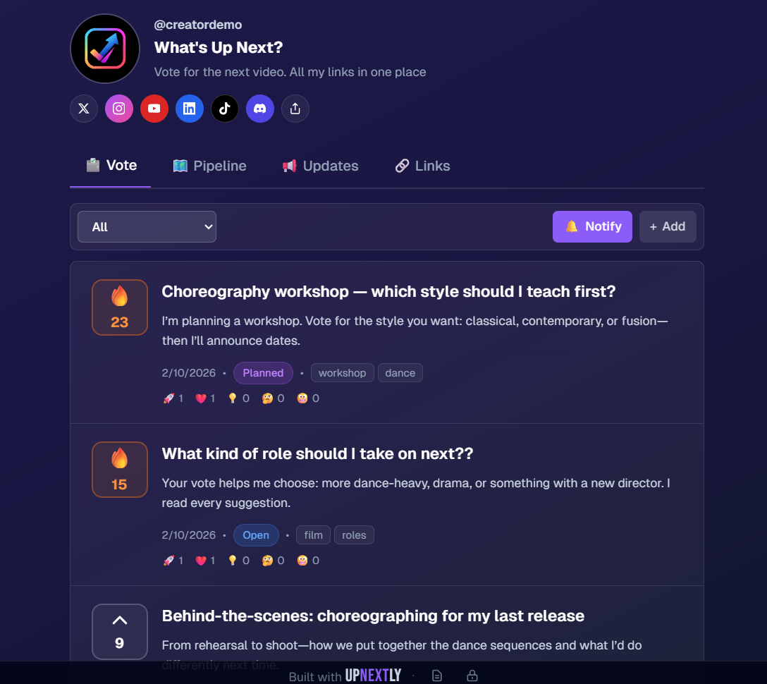 Vote tab — audience votes on ideas with vote counts and status